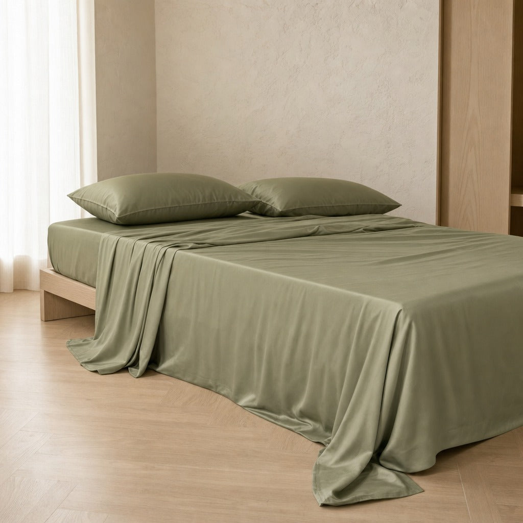 Eco Haven soft bamboo sheets and pillowcases in green on a made bed in a bright bedroom