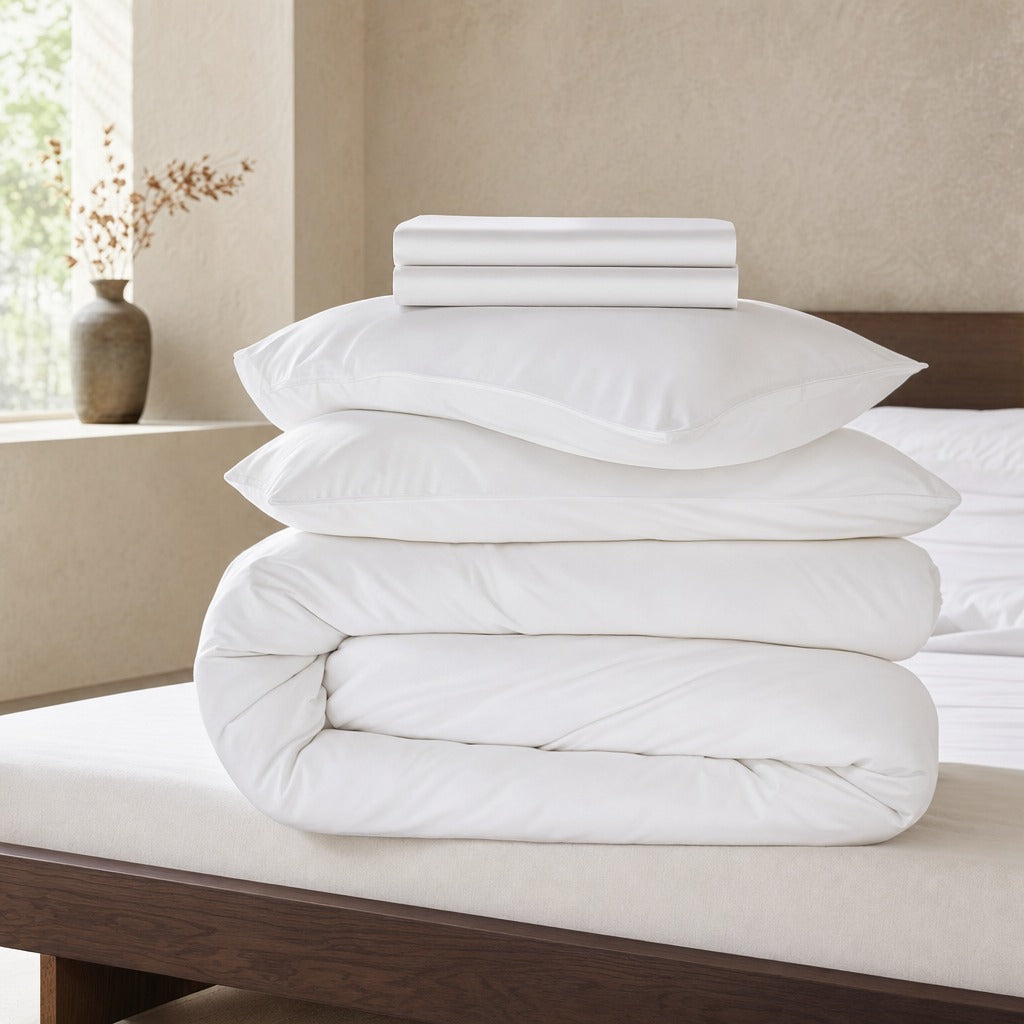 Eco Haven bamboo sheet set and duvet cover in white folded in a stack on a bed