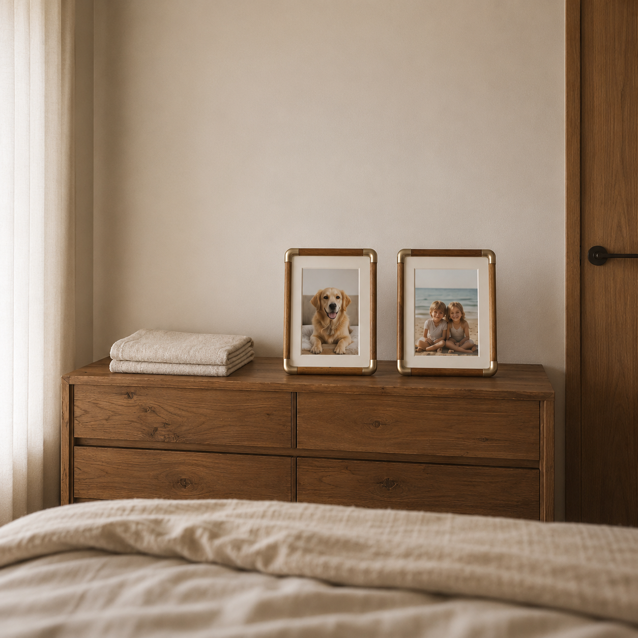 Eden Solid Wood Photo Frame in Black Walnut styled on a bedside table