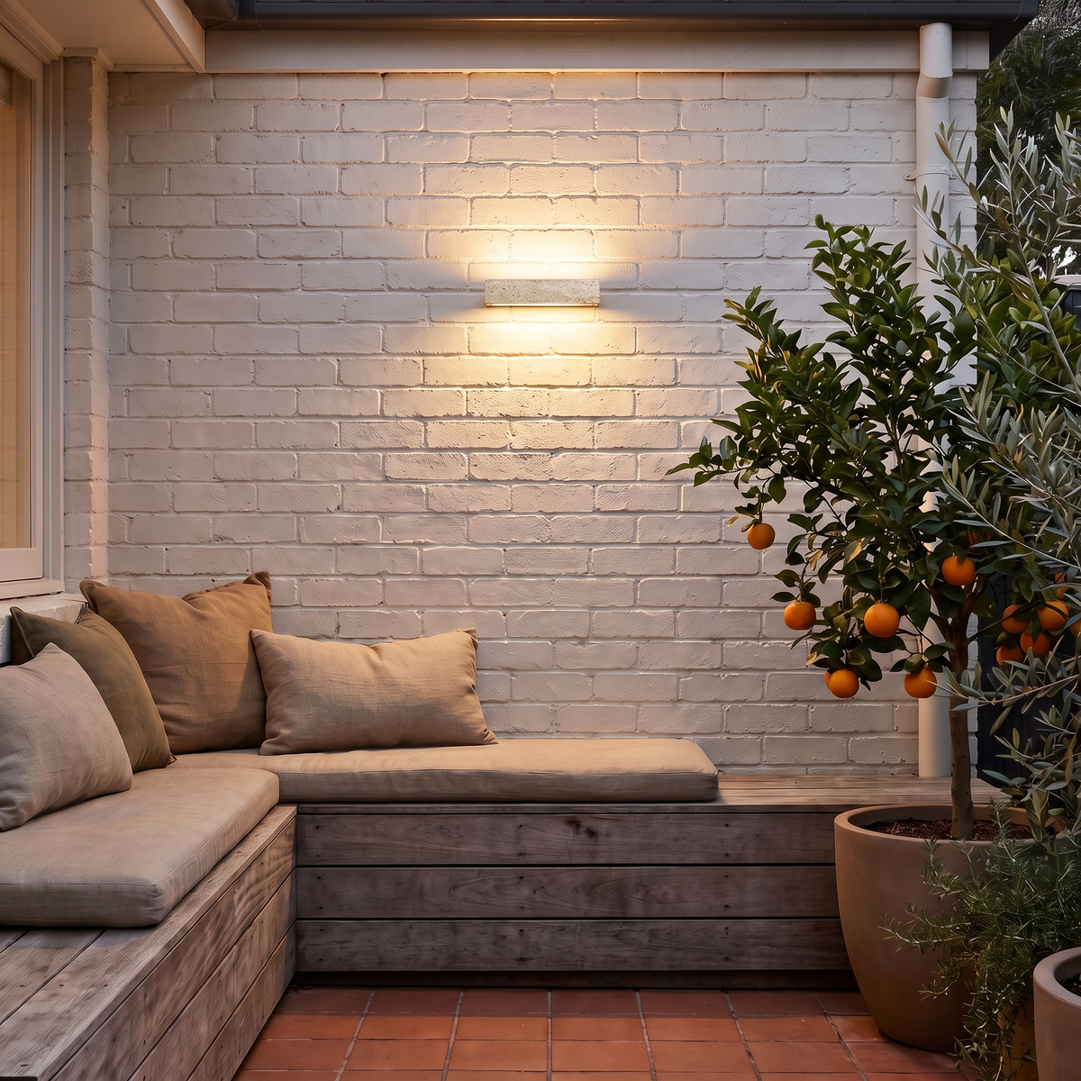 Small Elin travertine outdoor wall light on a brick courtyard wall above an outdoor bench