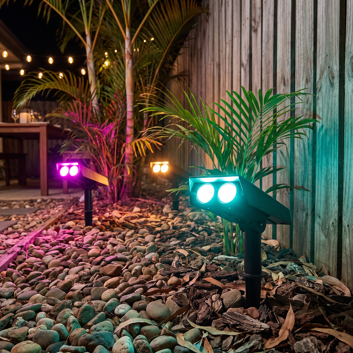Elio RGB colour changing solar spotlights in a backyard garden