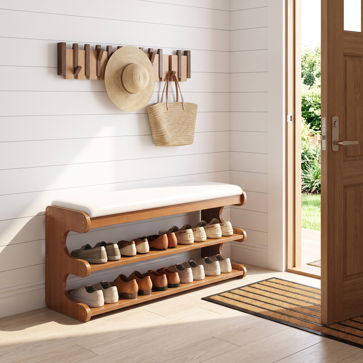 Lina shoe bench and Kinjar coat rack holding a sun hat and beach bag with a Zara doormat in a beach house entry