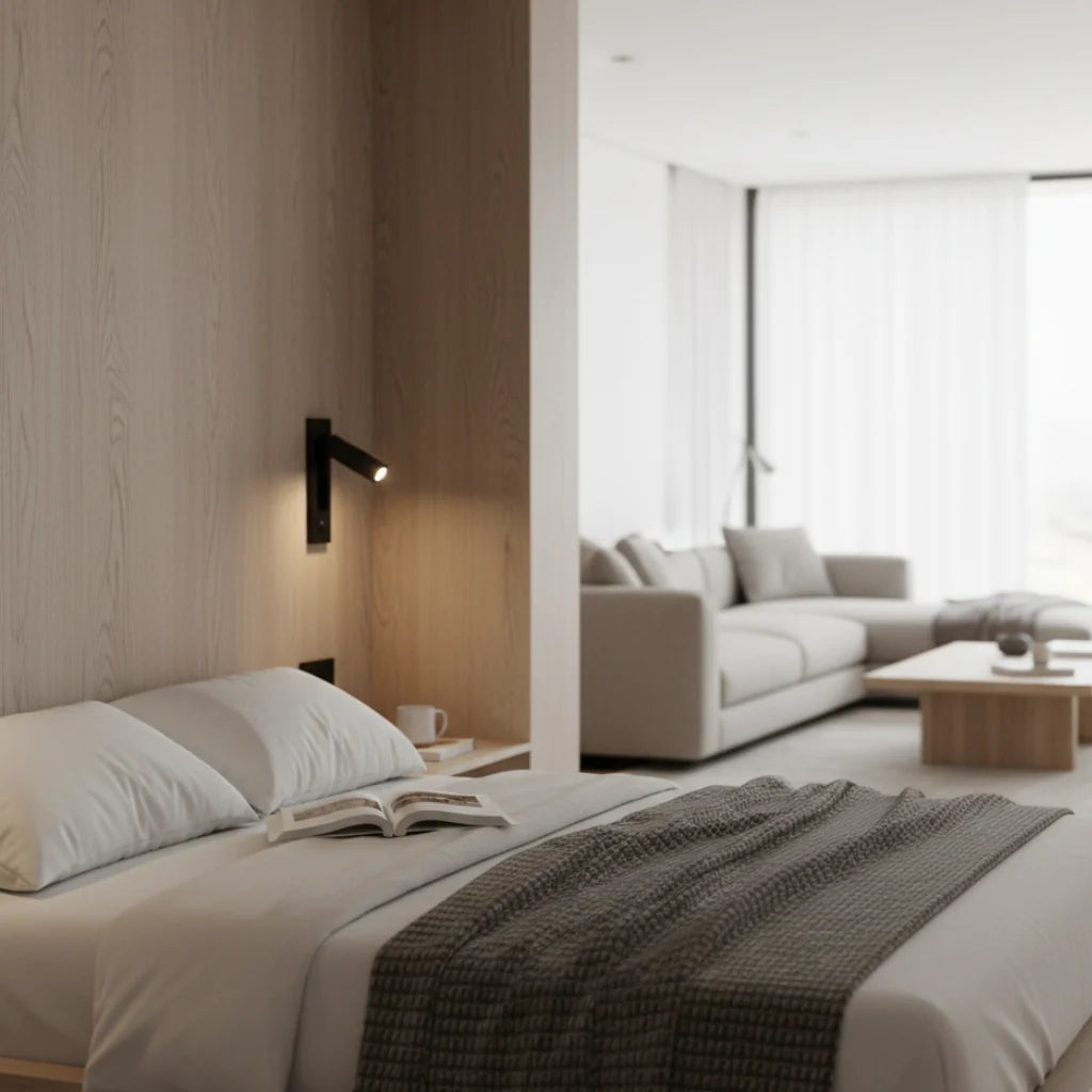 Espy LED reading wall light beside the bed in an open plan bedroom and living space