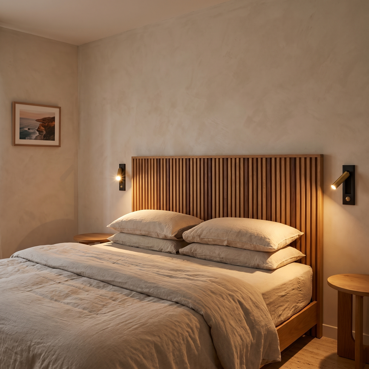Espy LED reading wall light in cylinder black brass either side of a slatted bedhead