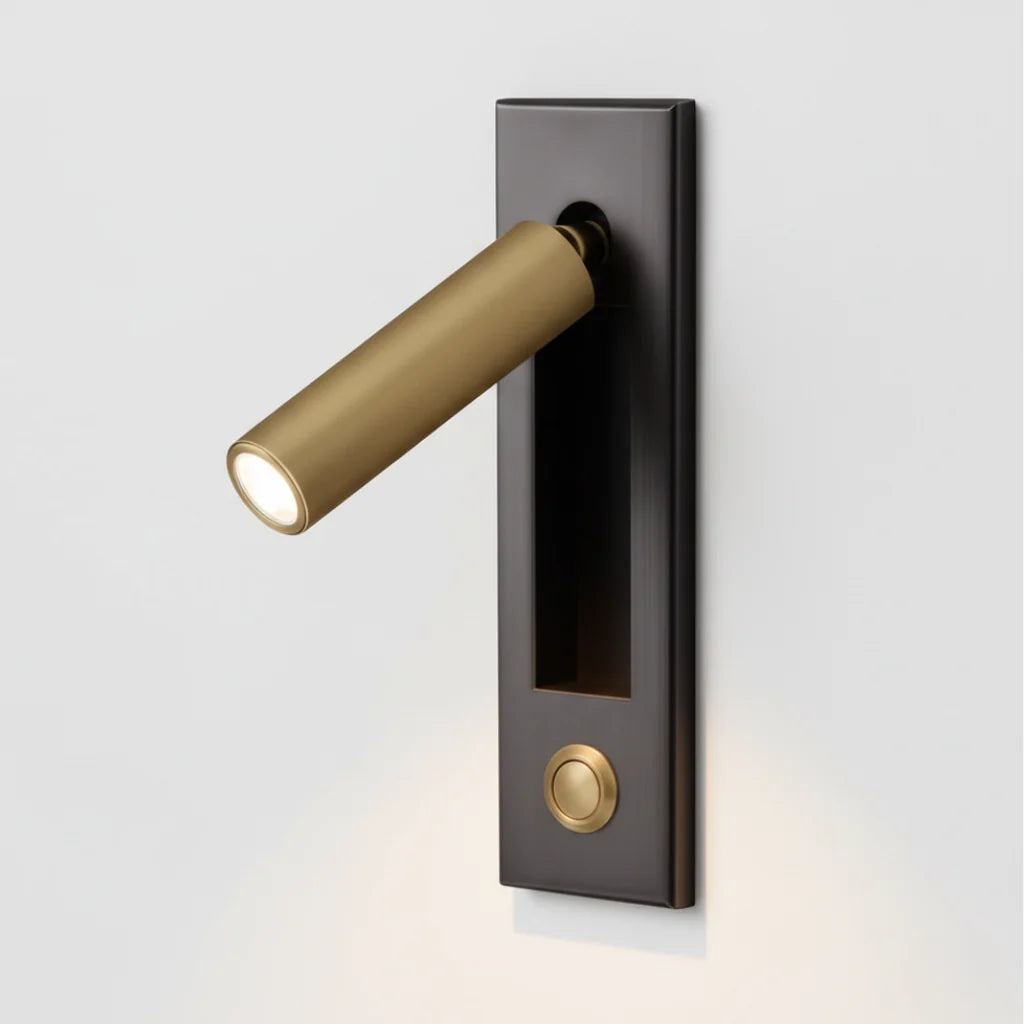 Espy LED reading wall light in cylinder black brass with a brass arm and switch