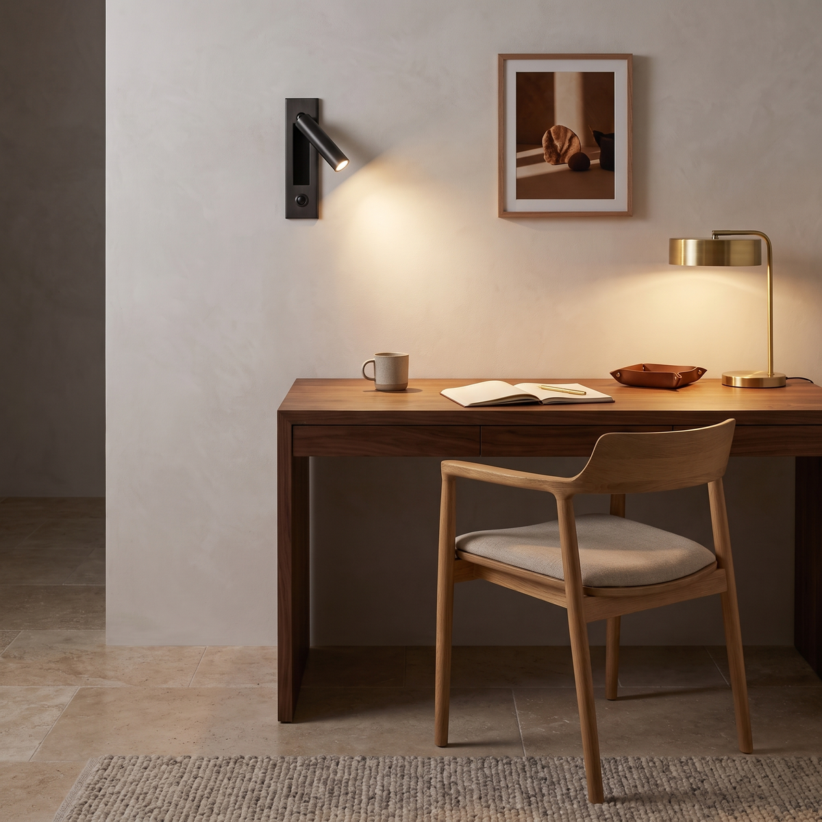 Espy LED reading wall light in cylinder matte black above a timber desk in a home office