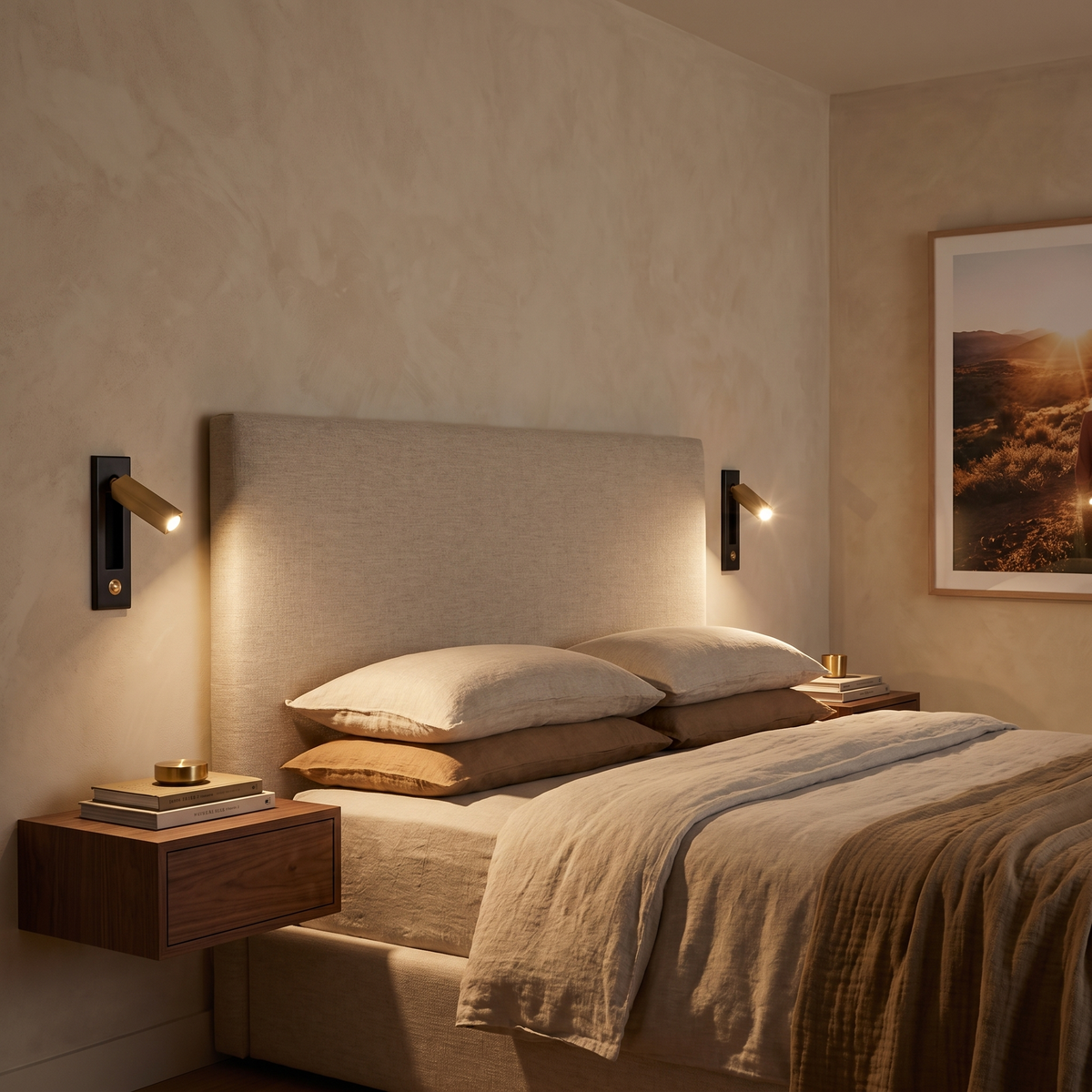 Espy LED reading wall light in square black brass either side of an upholstered bedhead