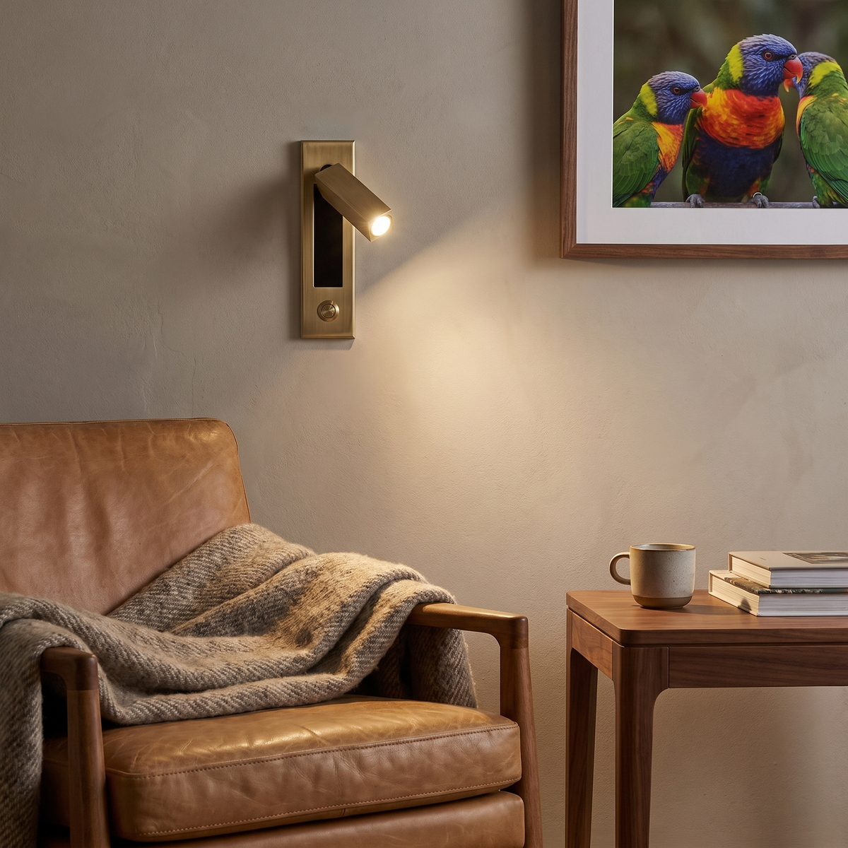 Espy LED reading wall light in square brass above a leather armchair in a reading nook
