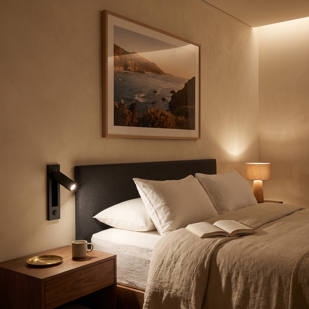 Espy LED reading wall light in square matte black beside the bed in a luxury hotel room