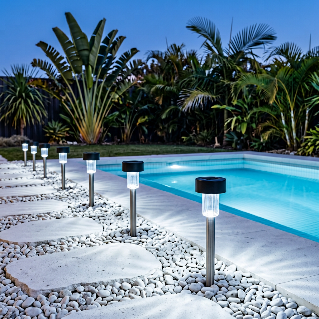 Fairlight cool white solar path lights along a pool stepping stone path