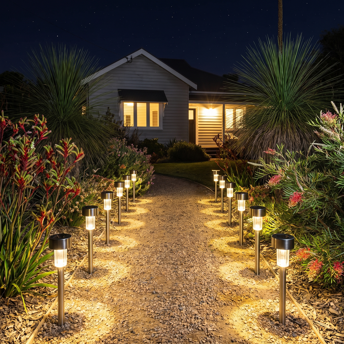 Fairlight solar pathway lights in warm white lining a native garden path
