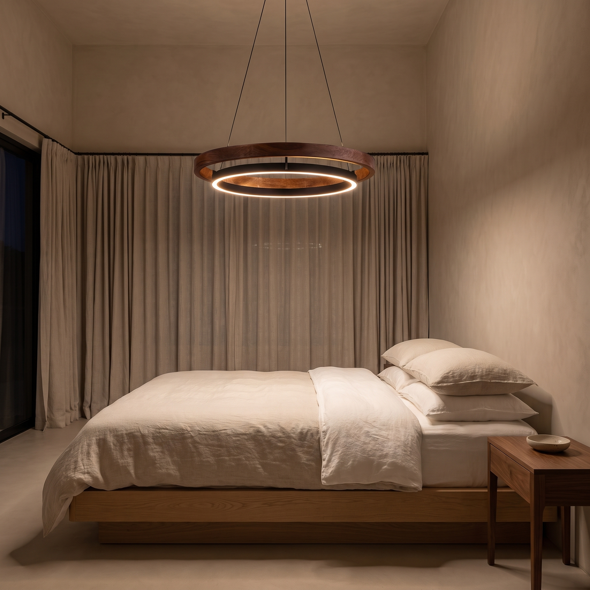 Fesha walnut double-ring pendant softly lighting a calm linen bedroom at night