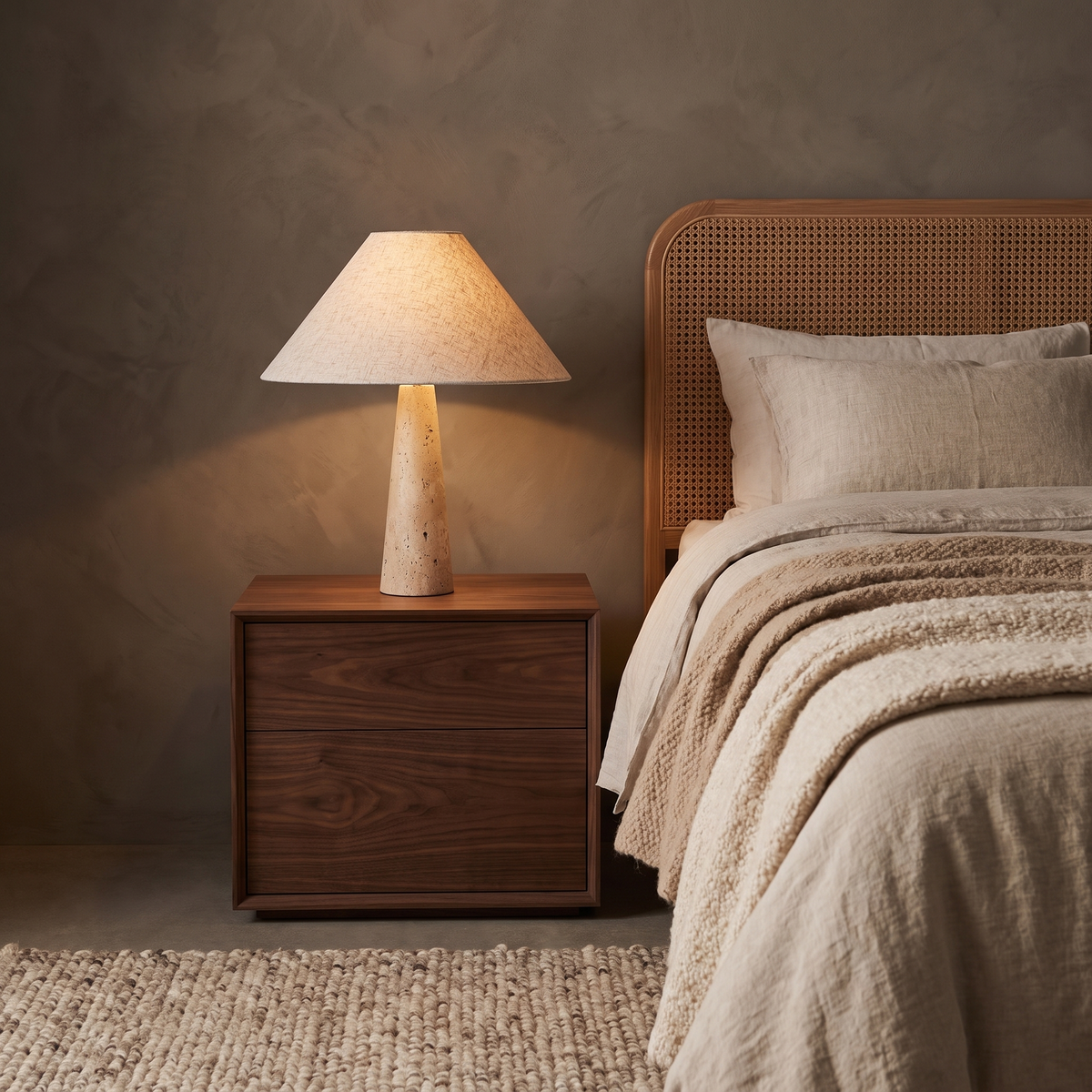 Fingal table lamp with travertine base and fabric shade on a walnut bedside table