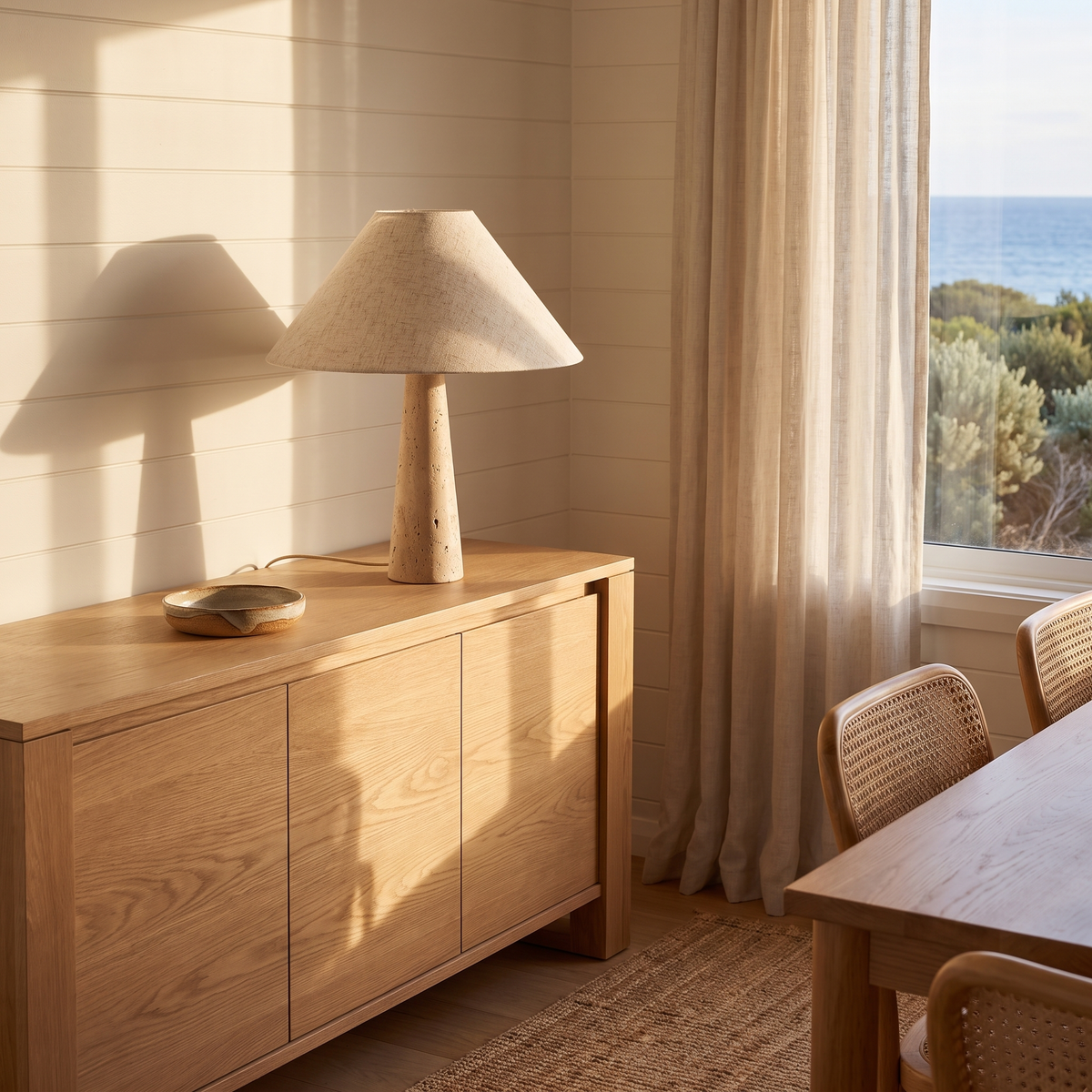 Fingal travertine table lamps on an oak sideboard in a coastal dining room