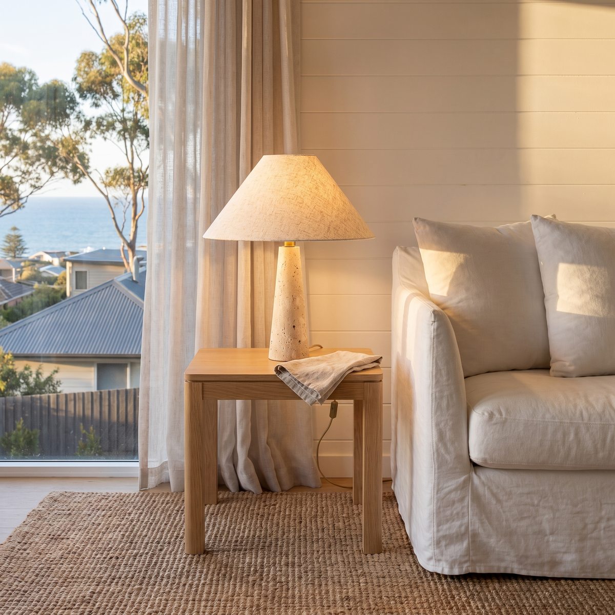 Fingal travertine table lamp on an oak side table in a coastal living room