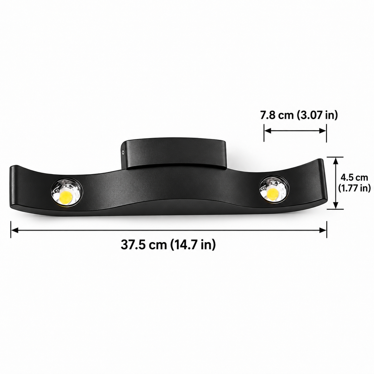Fly outdoor wall light dimensions, 37.5cm (14.8in) wide, 7.8cm (3.1in) deep and 4.5cm (1.8in) tall