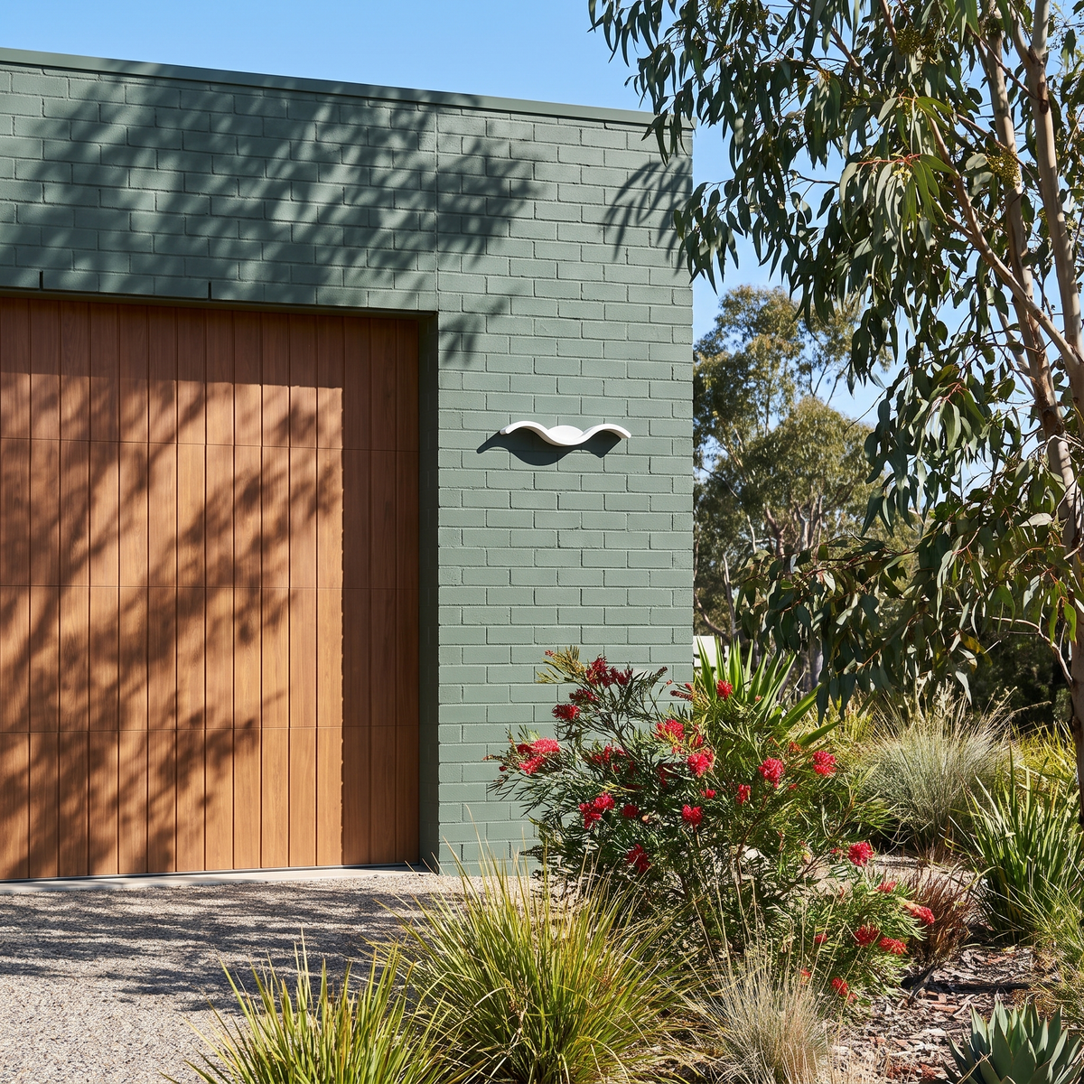 Fly Modern Outdoor Wall Light in white on sage green brick beside a timber garage door
