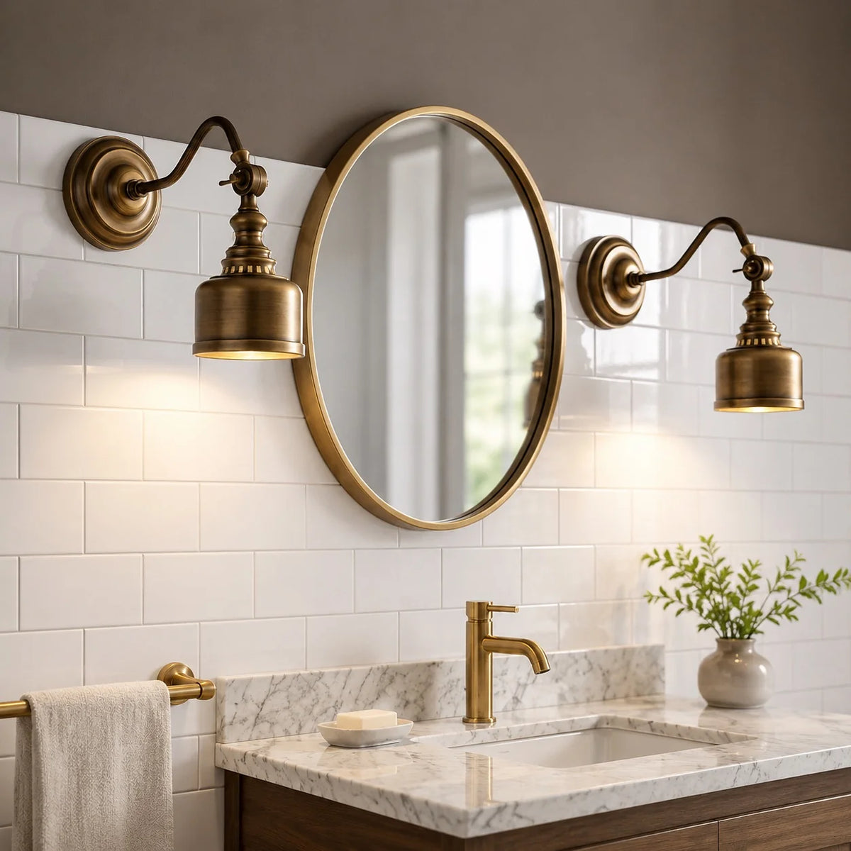Pair of Foster brass bell shade wall sconces either side of an oval mirror above a marble vanity