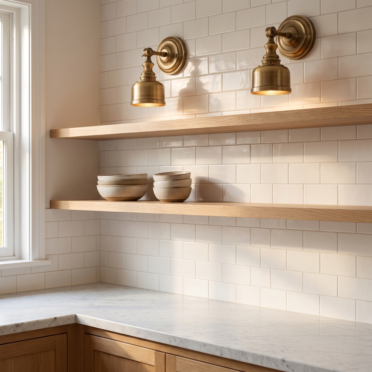 Pair of Foster solid brass wall sconces above open oak shelves in a white tiled kitchen