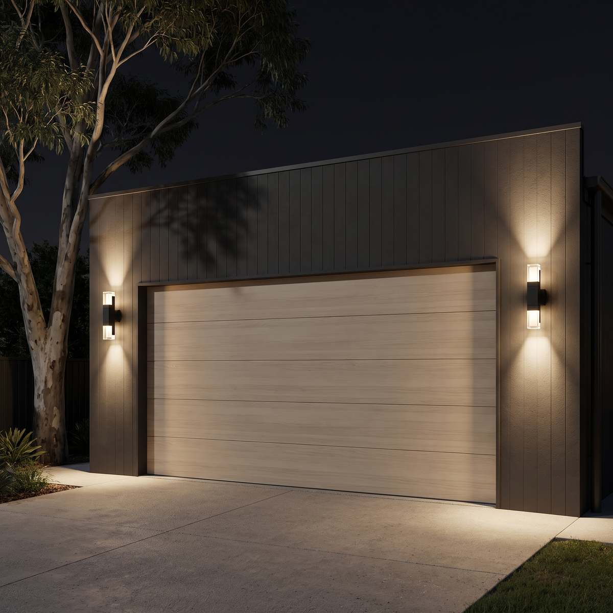 Two Freo Outdoor Wall Lights, 14W up and down, flanking a double garage on a charcoal-clad home at night