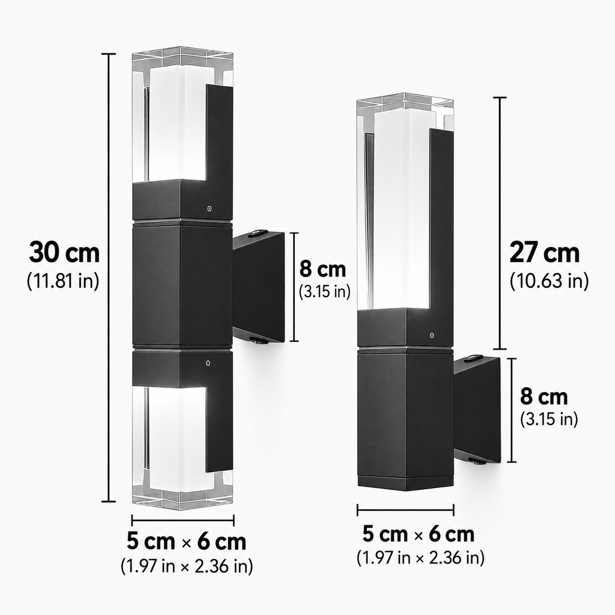 Freo outdoor wall light sizes, 14W at 30cm (11.8in) and 7W at 27cm (10.6in) tall, 5 x 6cm (2.0 x 2.4in) body