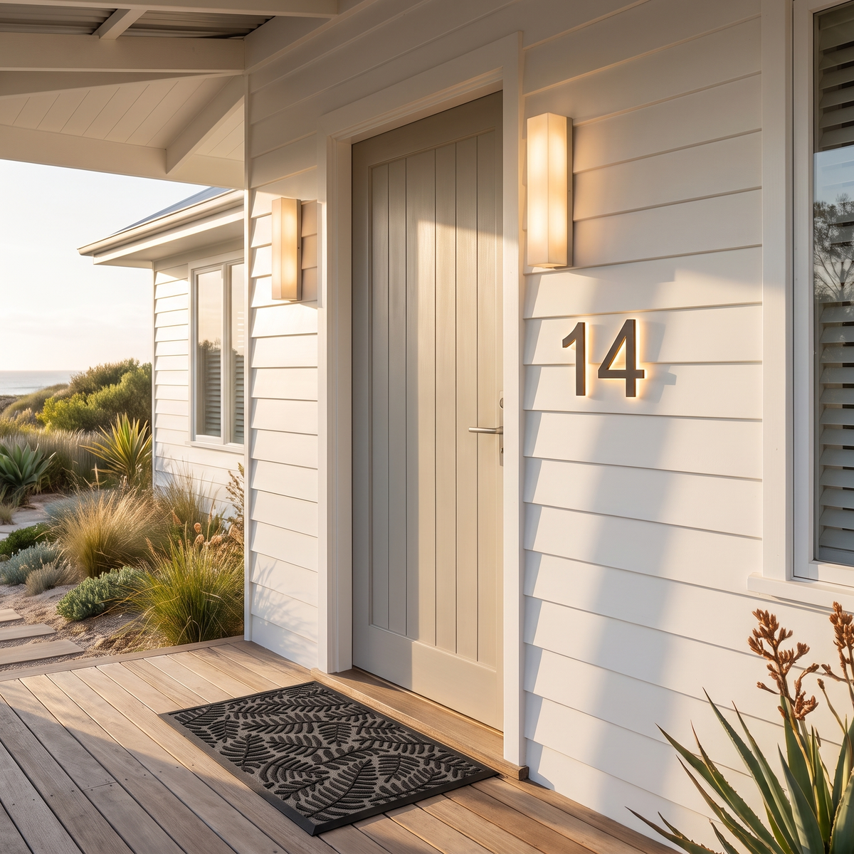 Pair of Pawa outdoor wall lights at a beach house front door with solar house numbers and a Koori doormat