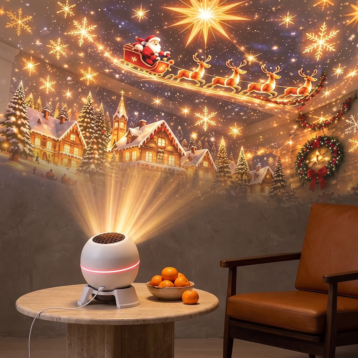 Frosty Christmas projector night light on a travertine side table projecting a festive scene