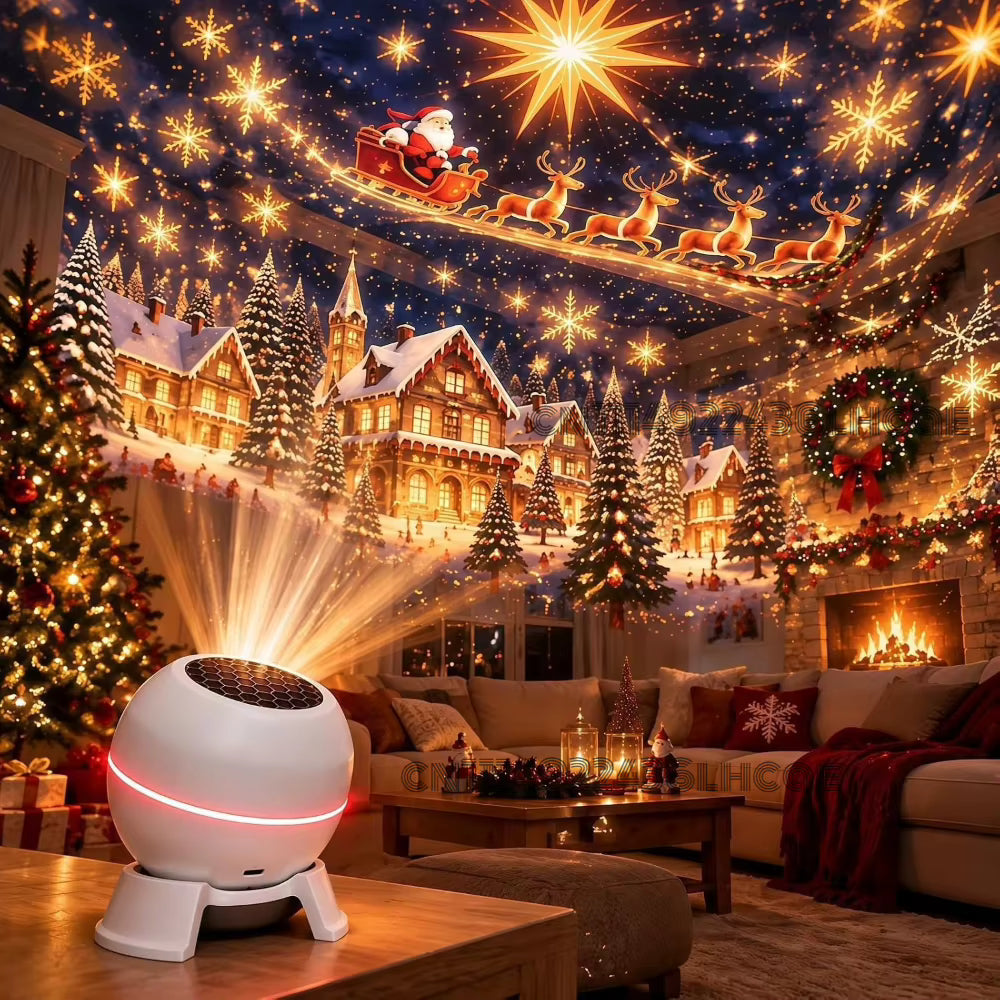 Christmas village, sleigh and stars projected by the Frosty USB Christmas projector