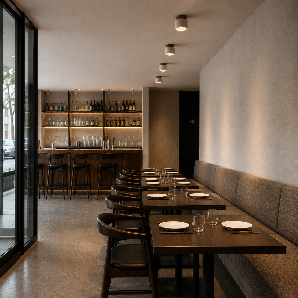 Gallen travertine and wood LED ceiling light mounted showing natural stone veining