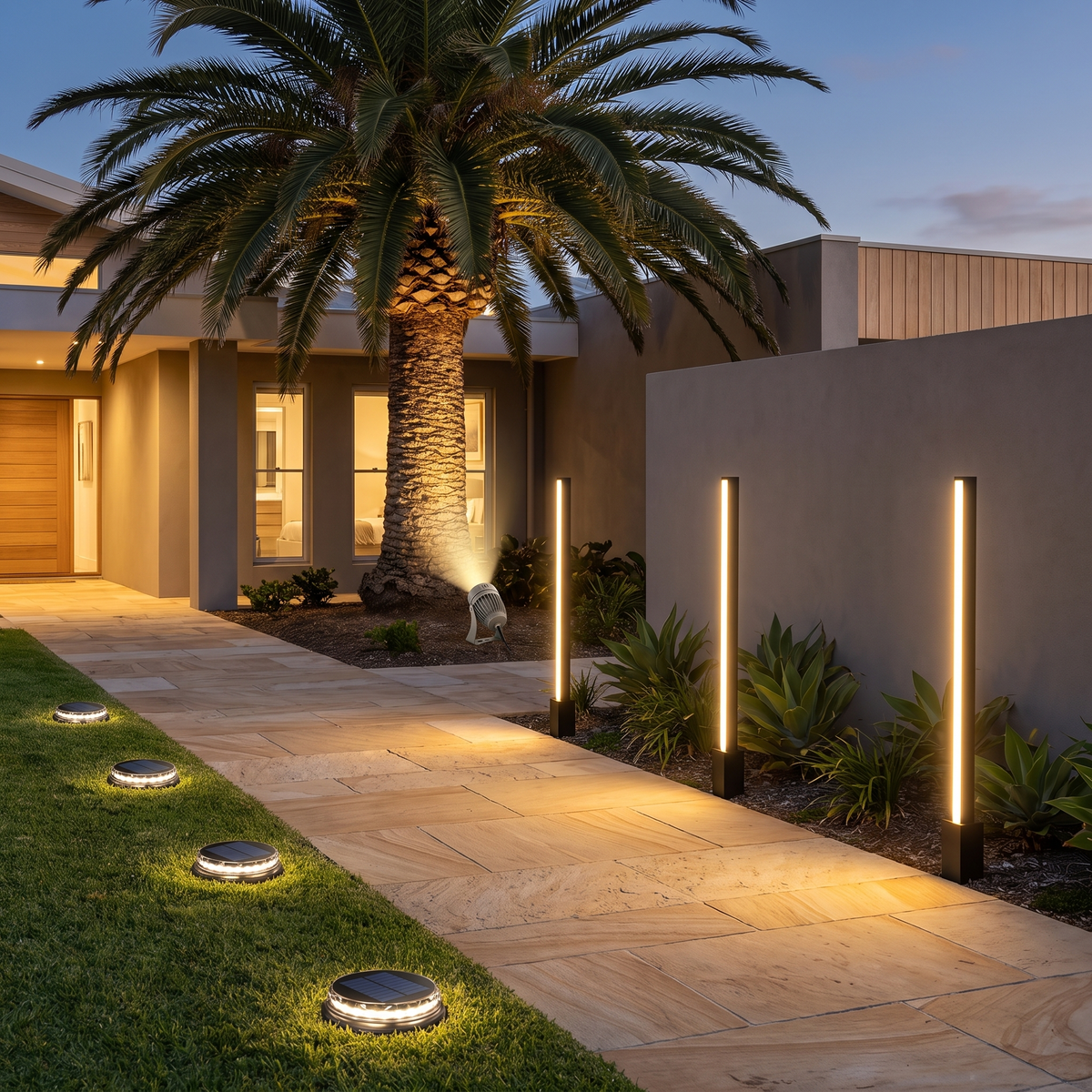 Sienna LED bollards, Stitch solar disc lights and a Solara spotlight lighting a sandstone garden path at blue hour