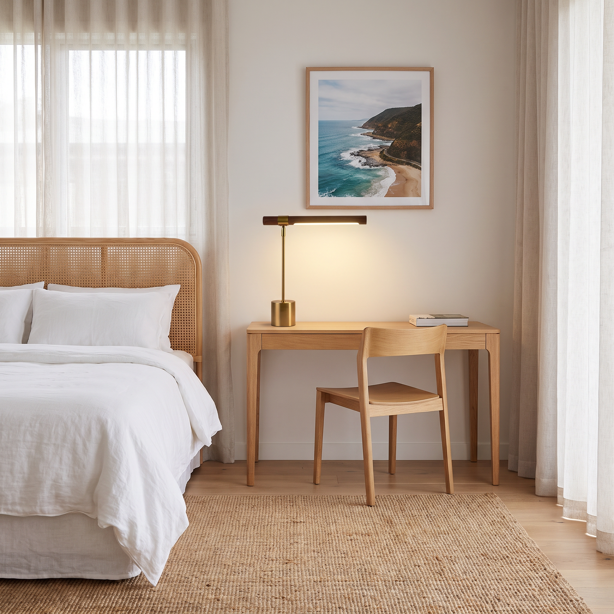 Geelong LED desk lamp on an oak desk in a coastal bedroom study nook