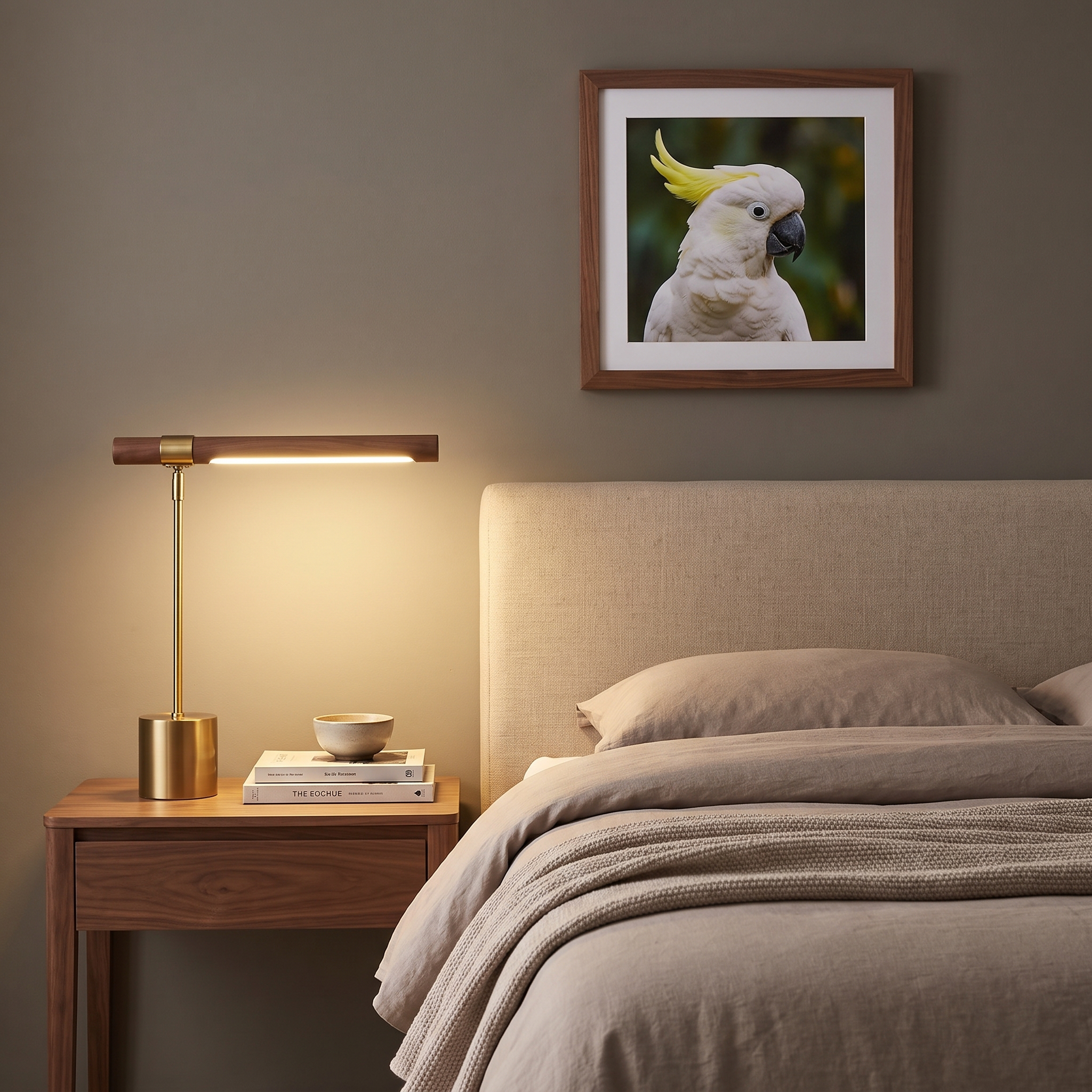 Geelong walnut and brass LED lamp on a walnut bedside in a modern bedroom