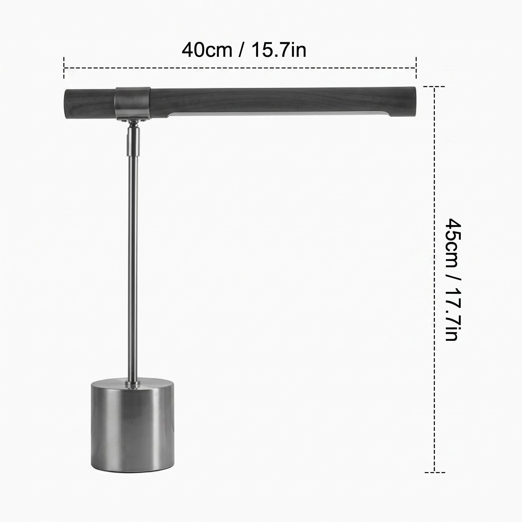 Geelong desk lamp dimensions diagram in black and white, 45cm/17.7in high and 40cm/15.7in wide