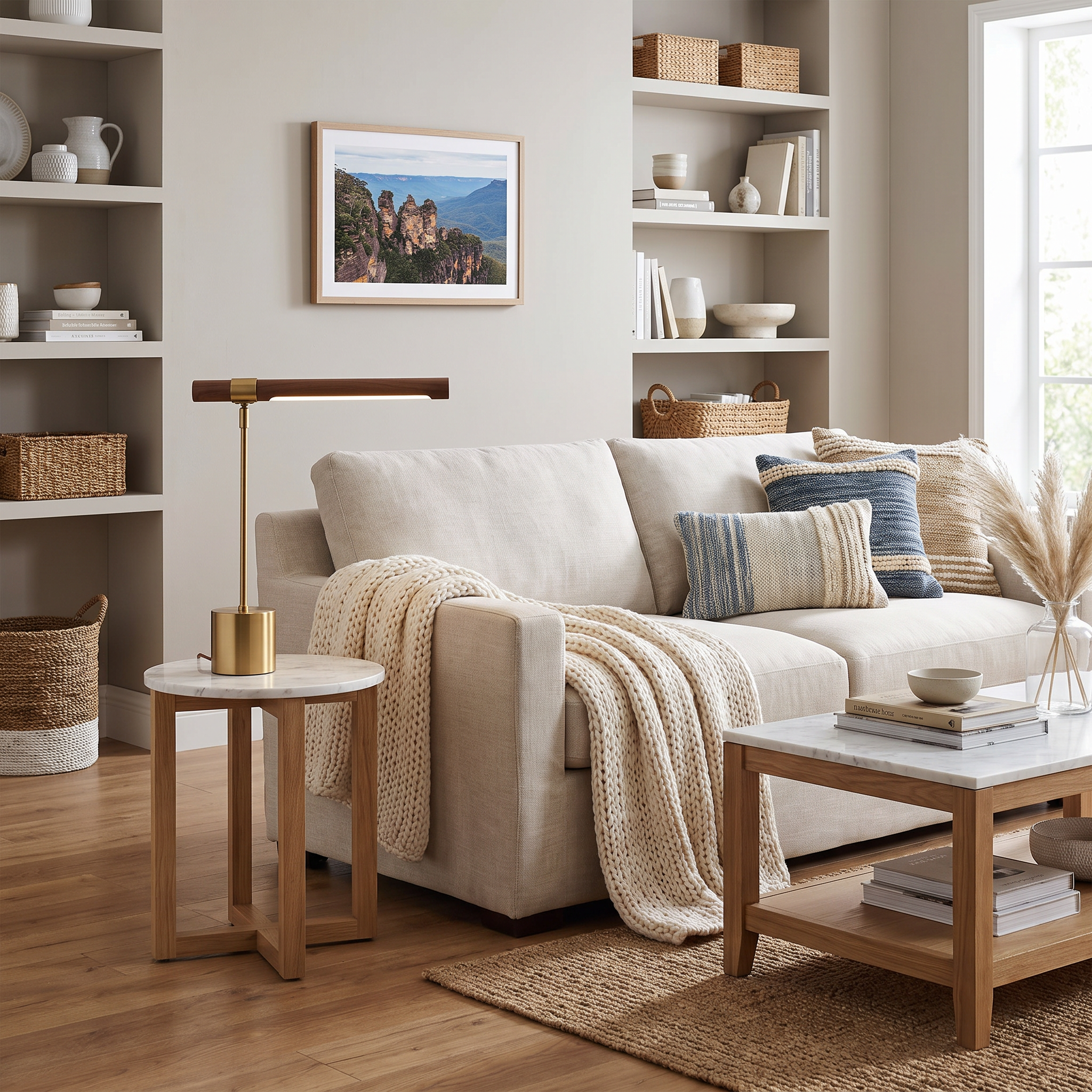 Geelong walnut and brass LED lamp on a side table in a modern coastal living room