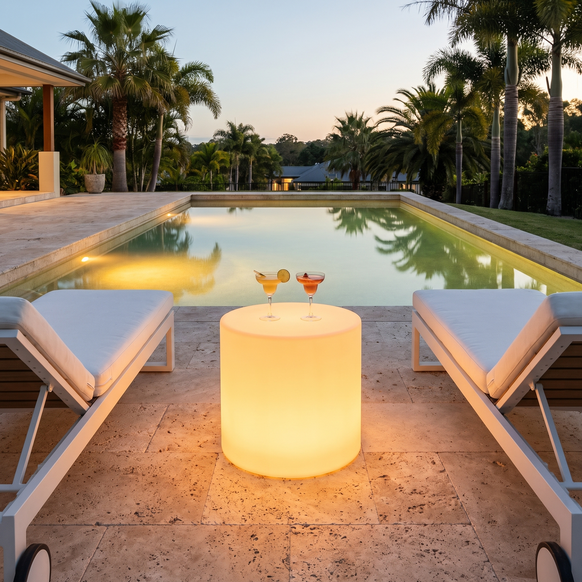 Geri small round LED outdoor coffee table glowing warm between pool sun loungers
