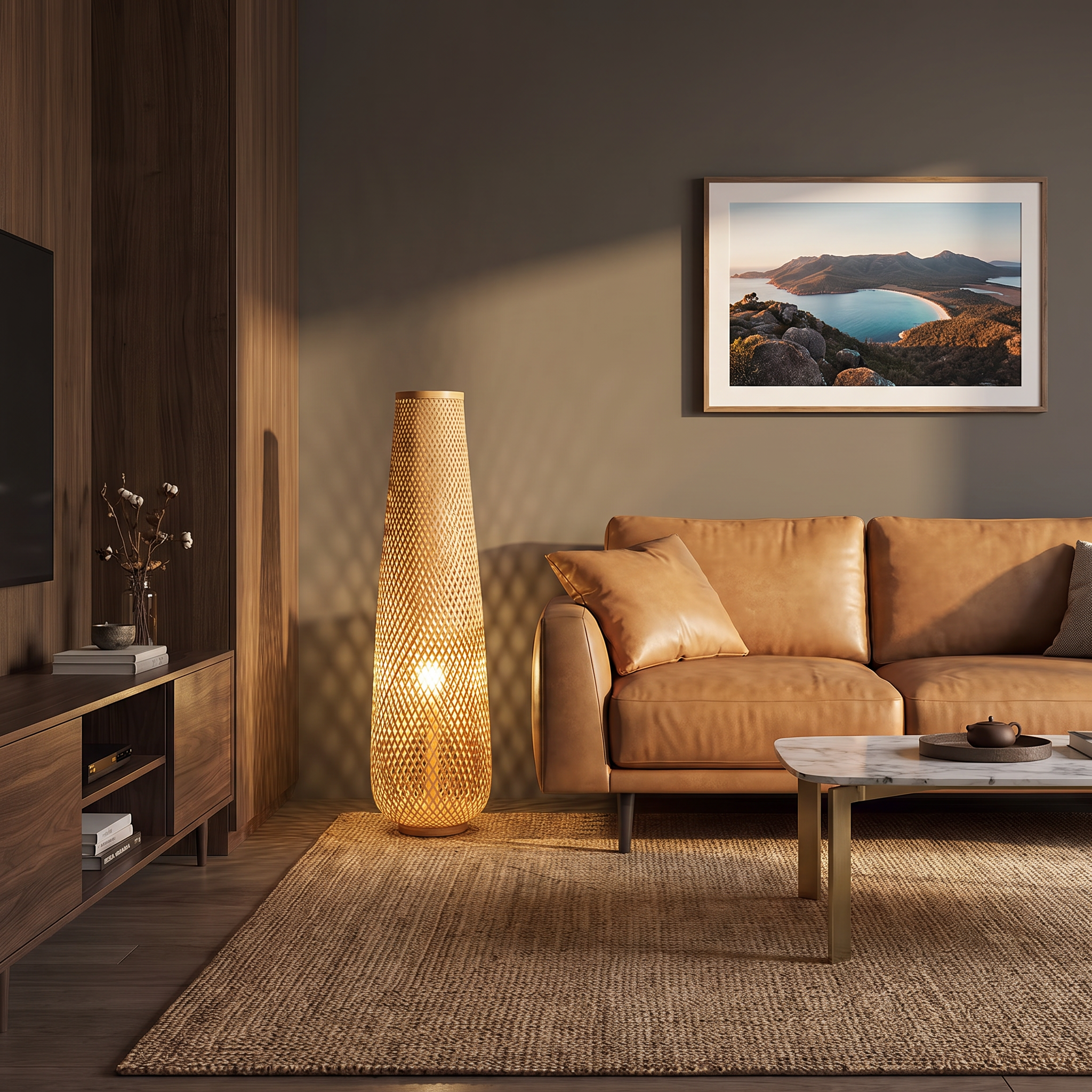 Gibbo bamboo floor lamp beside a leather sofa in a moody luxe living room