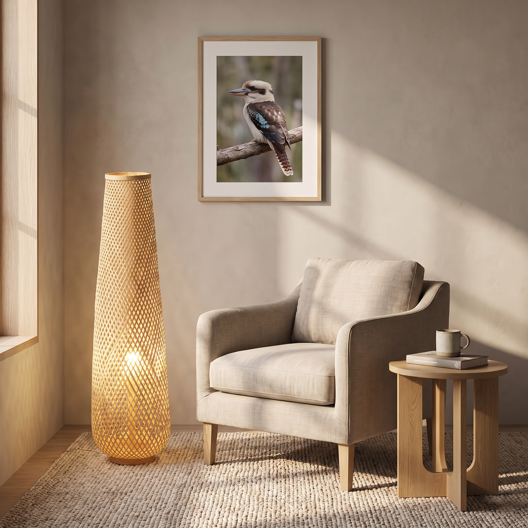 Gibbo woven bamboo floor lamp beside an armchair in a cosy reading nook