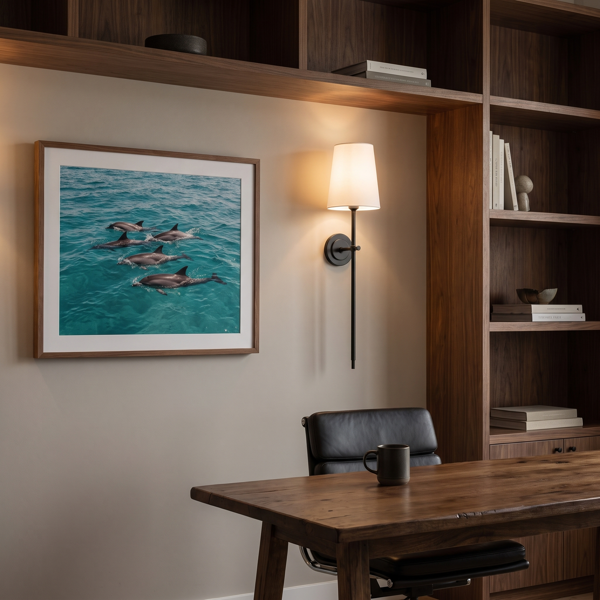 Tall Gini black wall sconce with fabric shade in a walnut home office