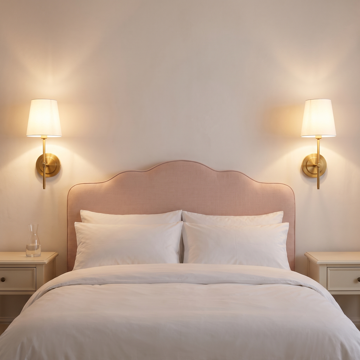 Pair of Gini brass wall sconces with tapered fabric shades either side of a scalloped headboard