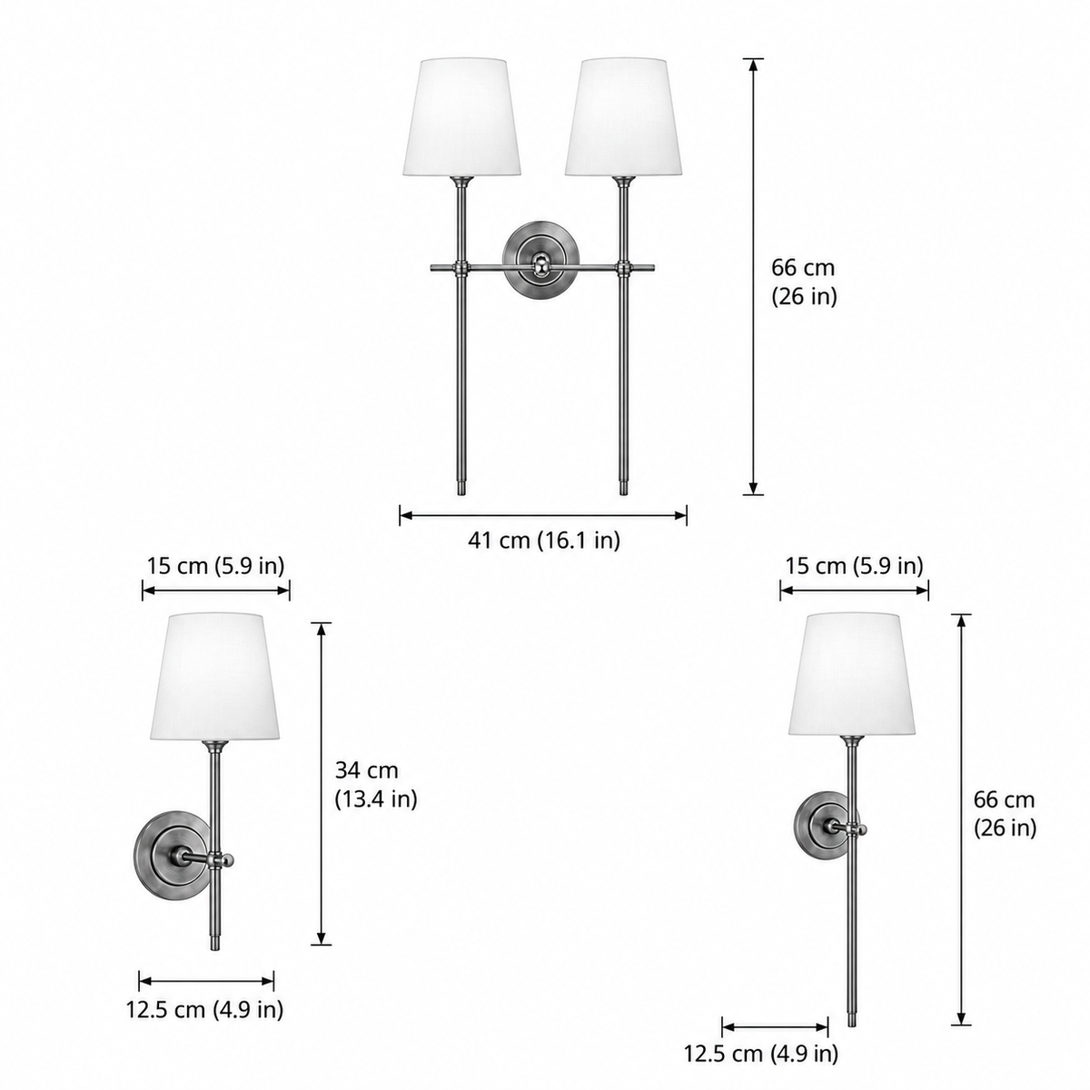 Gini wall sconce sizes, single 15 x 34cm, tall 15 x 66cm and double 41 x 66cm