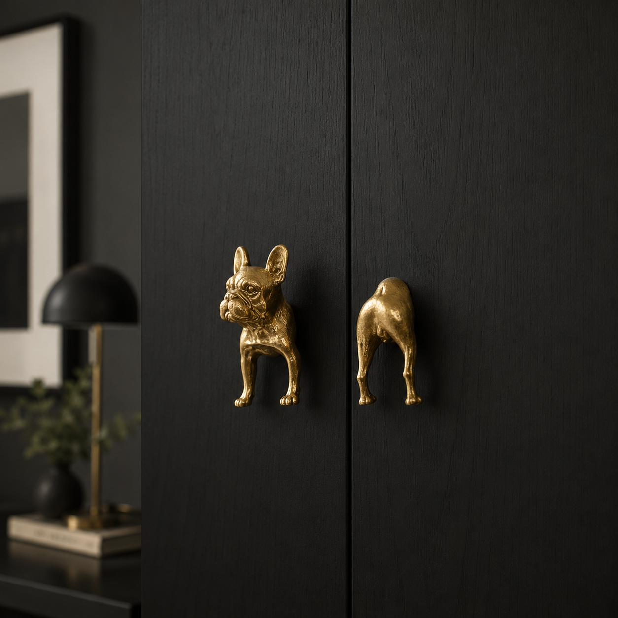 Glauco Brass Dog Cabinet Handle featuring a dog tail design in polished brass