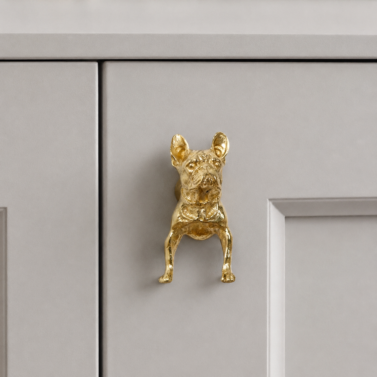 Glauco Brass Dog Cabinet Handle shown on a wardrobe drawer