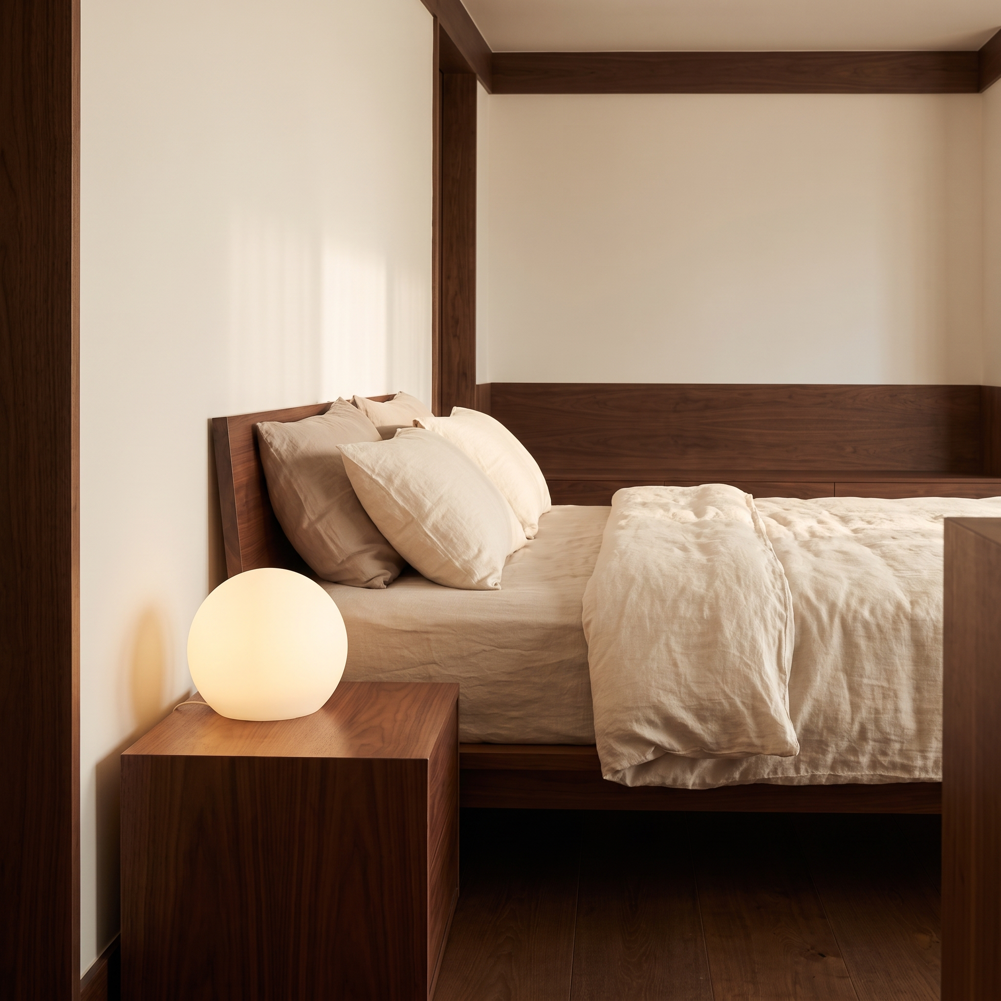 Gondwana portable table lamp on a dark timber bedside table in a Scandinavian beach-house bedroom