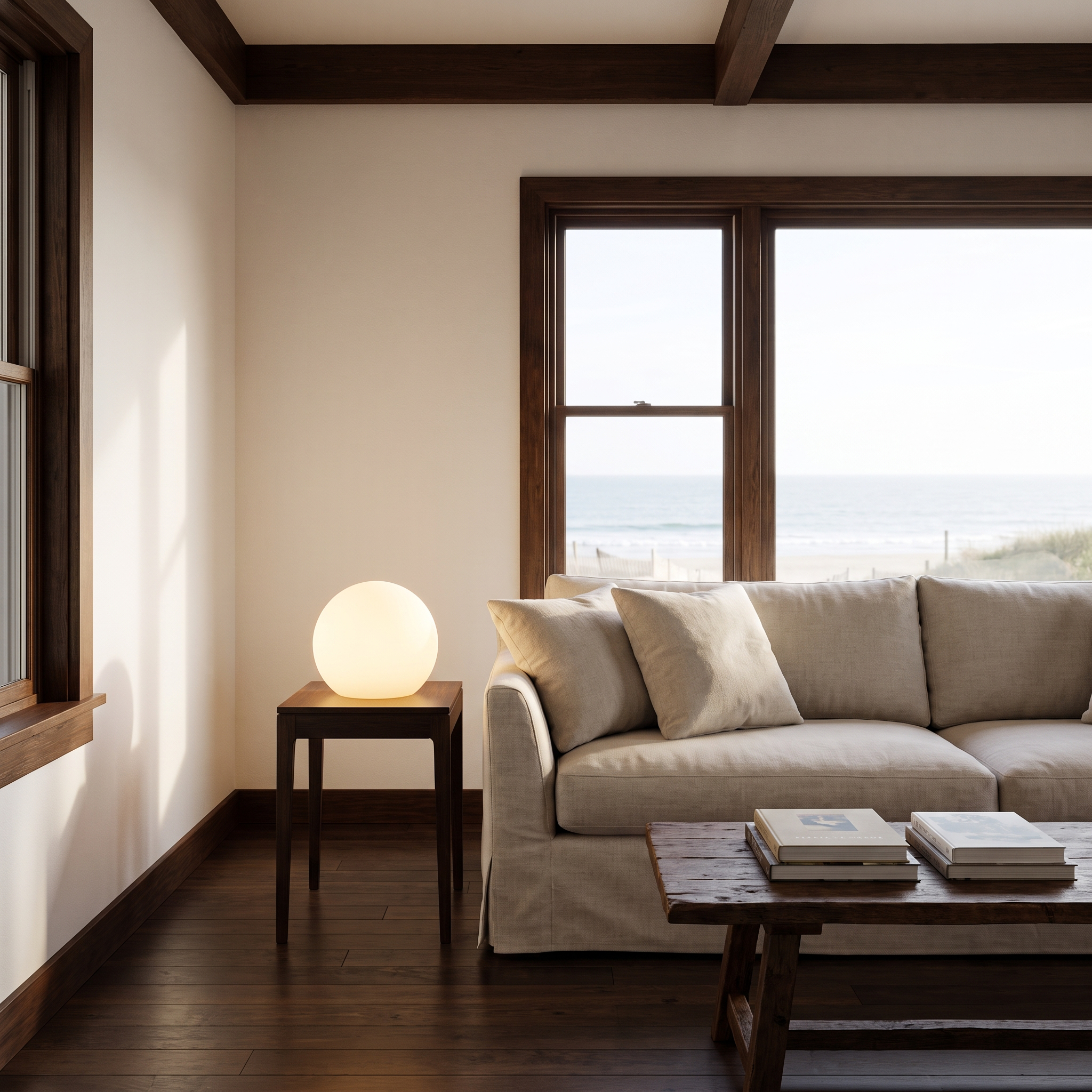 Gondwana portable table lamp glowing on a slim side table in a coastal Australian beach-house living room with an ocean view
