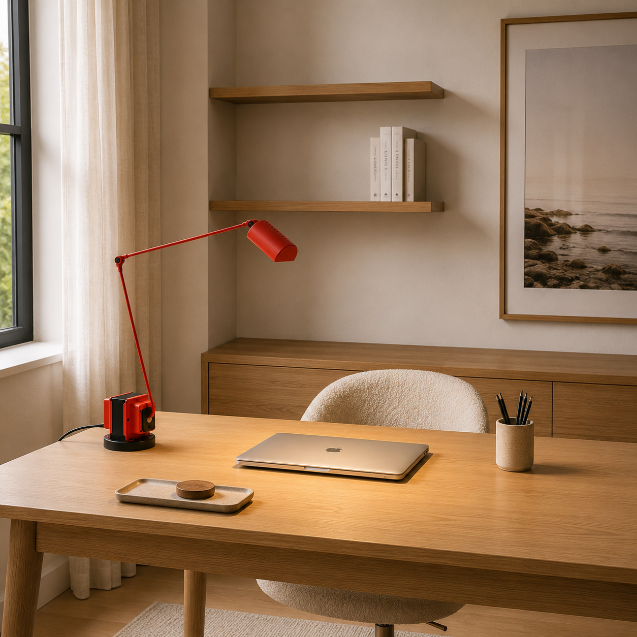 Grampians LED Desk Lamp in red illuminated on a desk