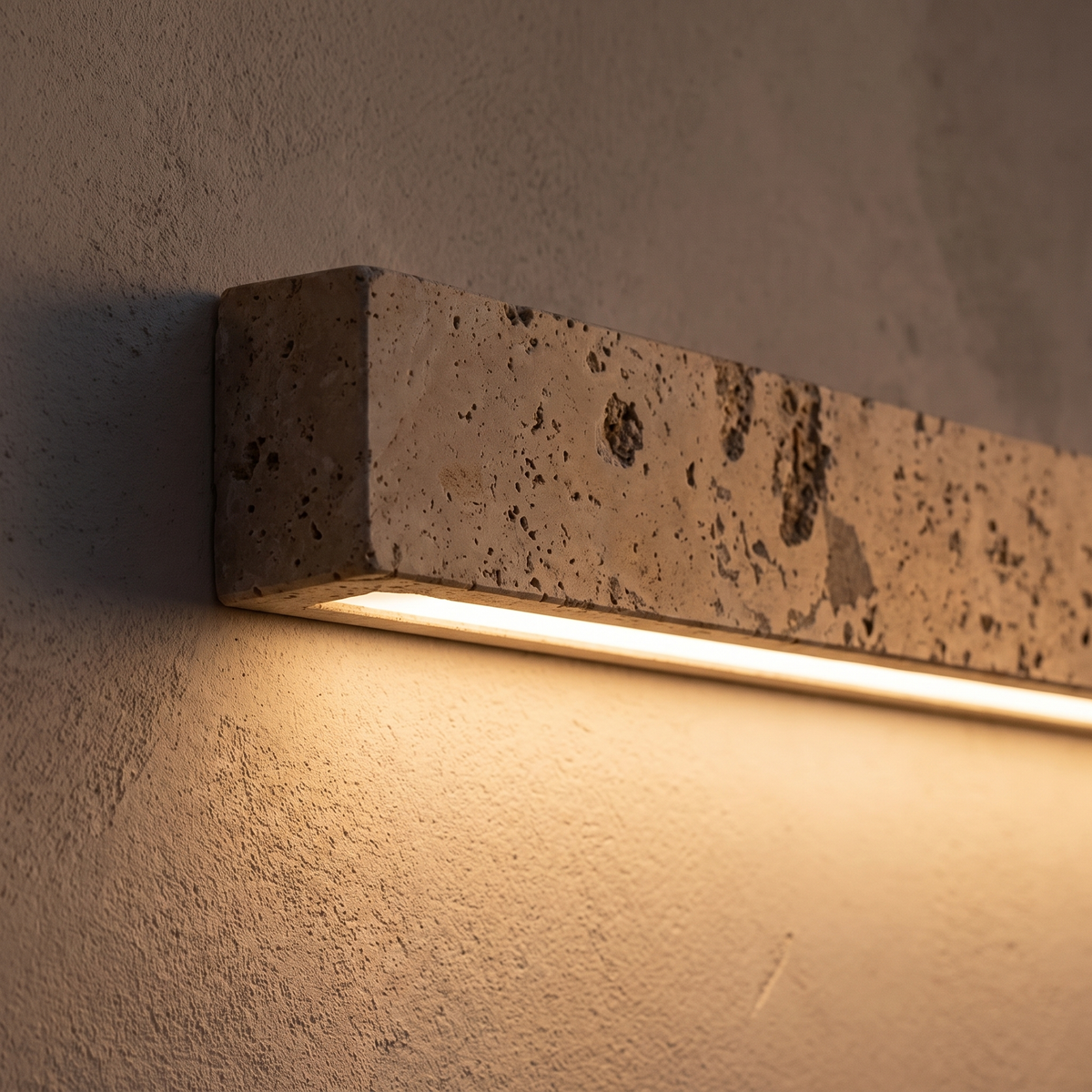 Close-up of the Guru natural yellow travertine texture and concealed LED down light