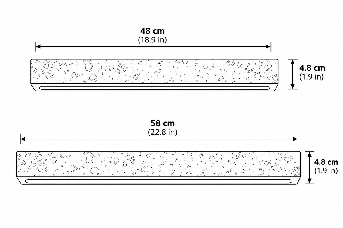 Guru travertine wall light sizes, 48cm or 58cm long and 4.8cm tall