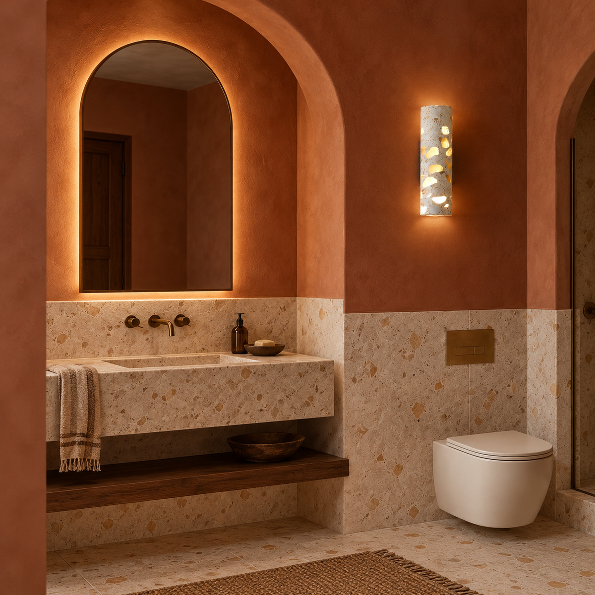 Hally terrazzo wall light glowing on a terracotta plaster wall beside an arched mirror