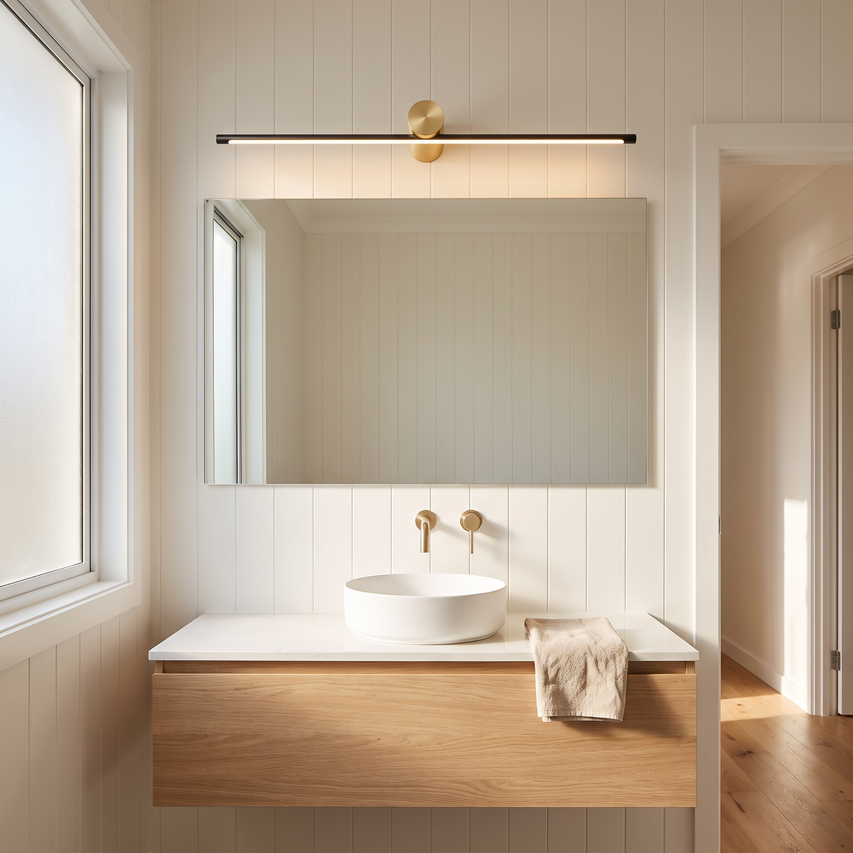 Hartog vanity light bar in black and gold above a mirror in a white shiplap beach house bathroom