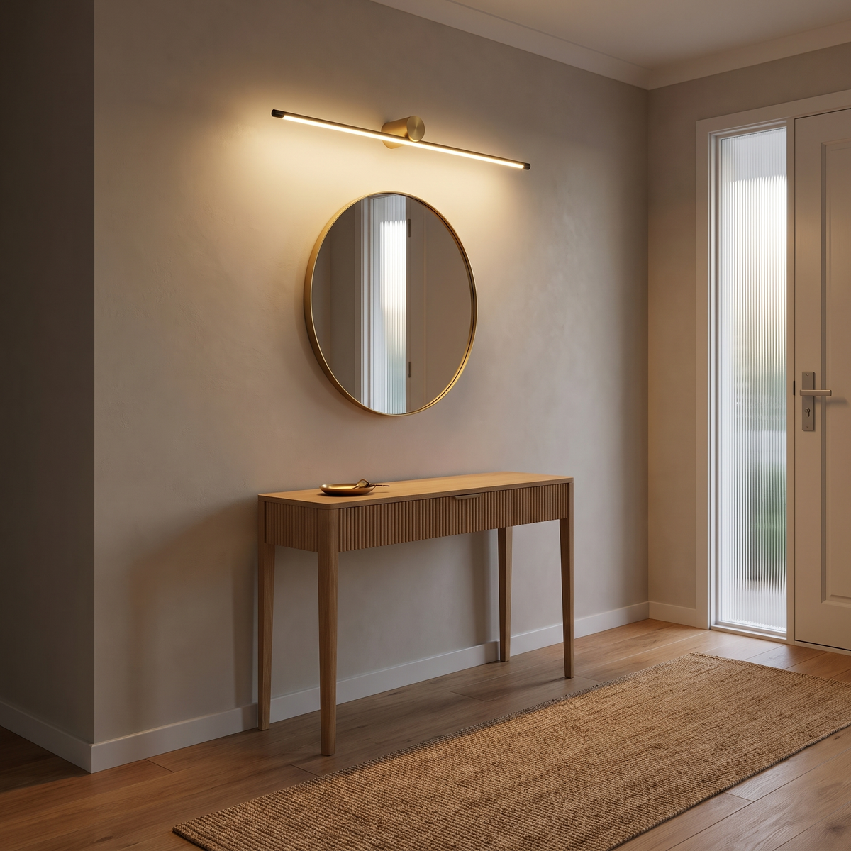 Black and gold Hartog light bar above a round mirror and fluted oak console in an entry hall